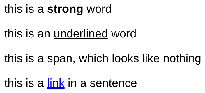 four sentences, each with one word styled differently