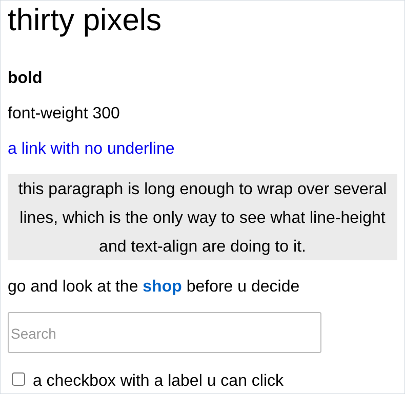 the finished page with sized text, a bare link, a centred wrapped paragraph, a highlighted word, a search box and a labelled checkbox