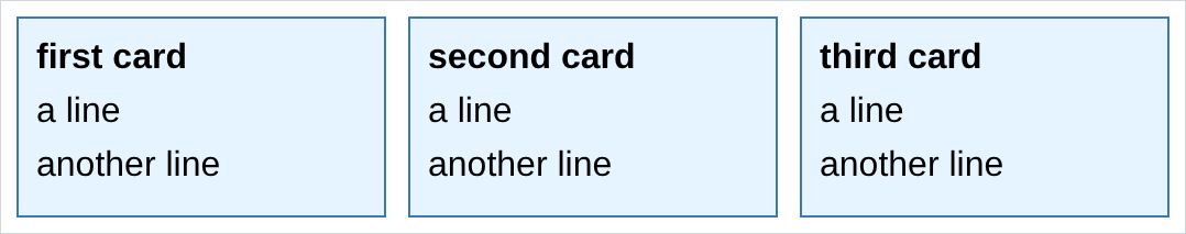 three cards side by side, each with a bold title and two lines under it