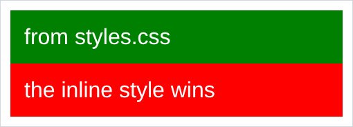 a green box from the stylesheet and a red one from an inline style